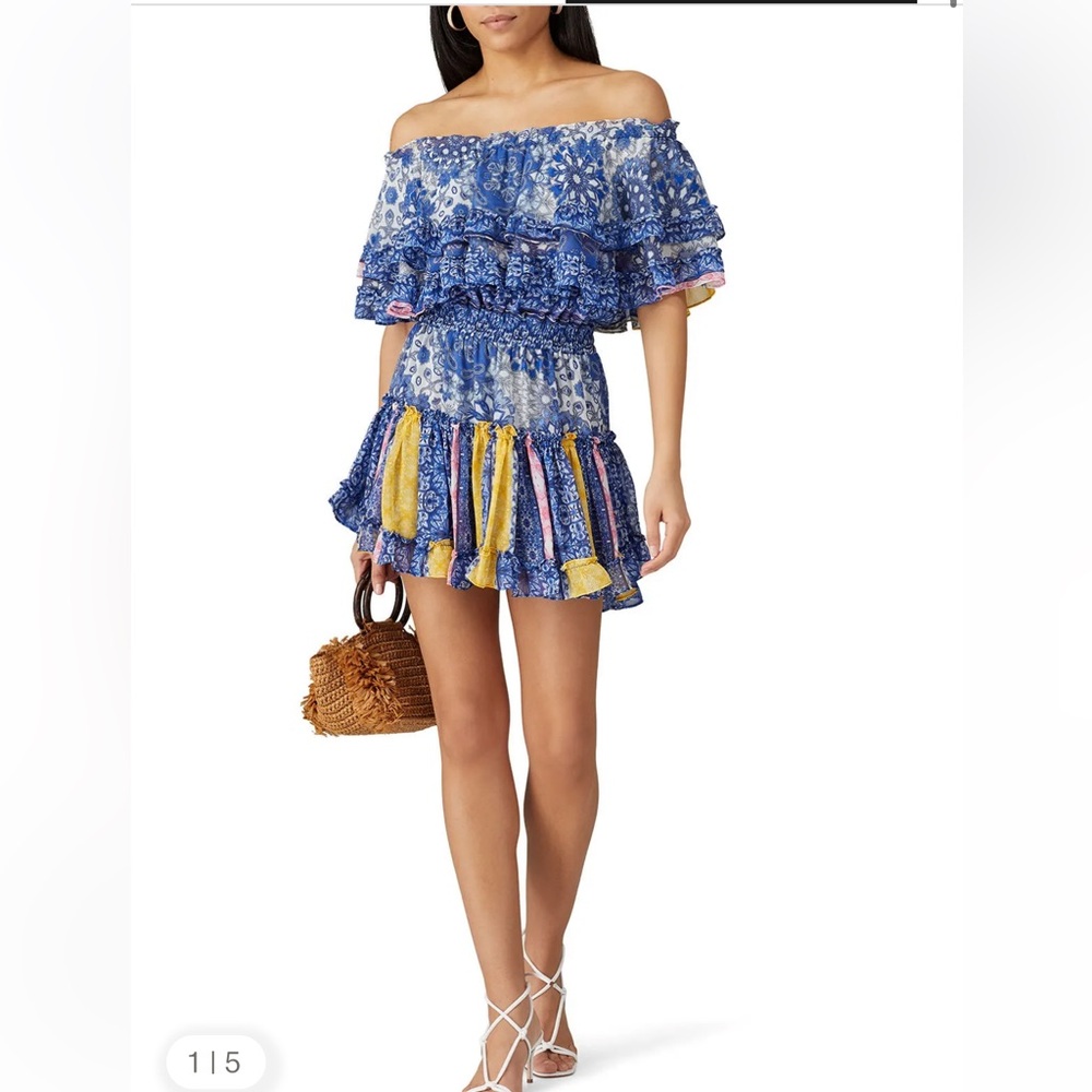 misa los angeles Luella blue & yellow multi print ruffle strapless dress small